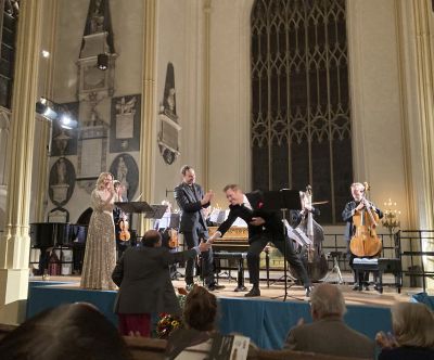 Carolyn Sampson, Tim Mead and members of the OAE directed by Jonathan Cohen following premiere of Two as One at Tetbury Festival